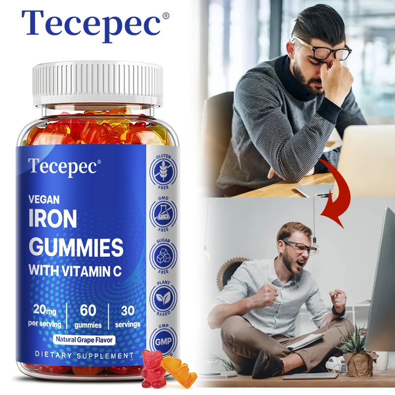 Vegetarian Vitamin C + Iron Gummies, Iron Supplement for Red Blood Cell Energy Levels, Energy, Circulation Support