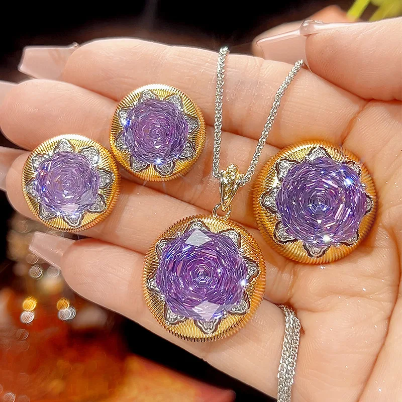 

New jewelry set with gold-plated octagonal opal and round light luxury design, main stone size 16-12mm