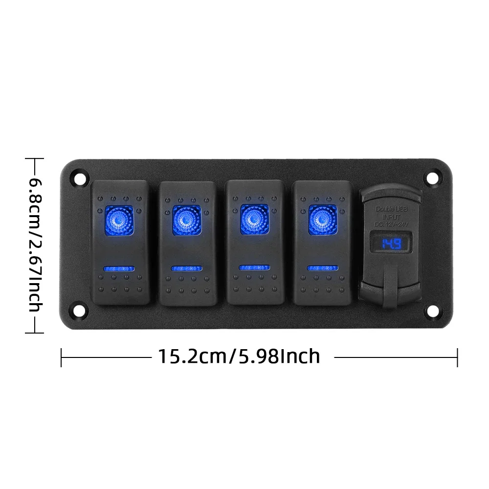 12V/24V LED Switches Panel 4 Gang Toggle Rocker Switch  Dual USB Port Digital Voltmeter Waterproof for Car Marine RV SUV Yacht