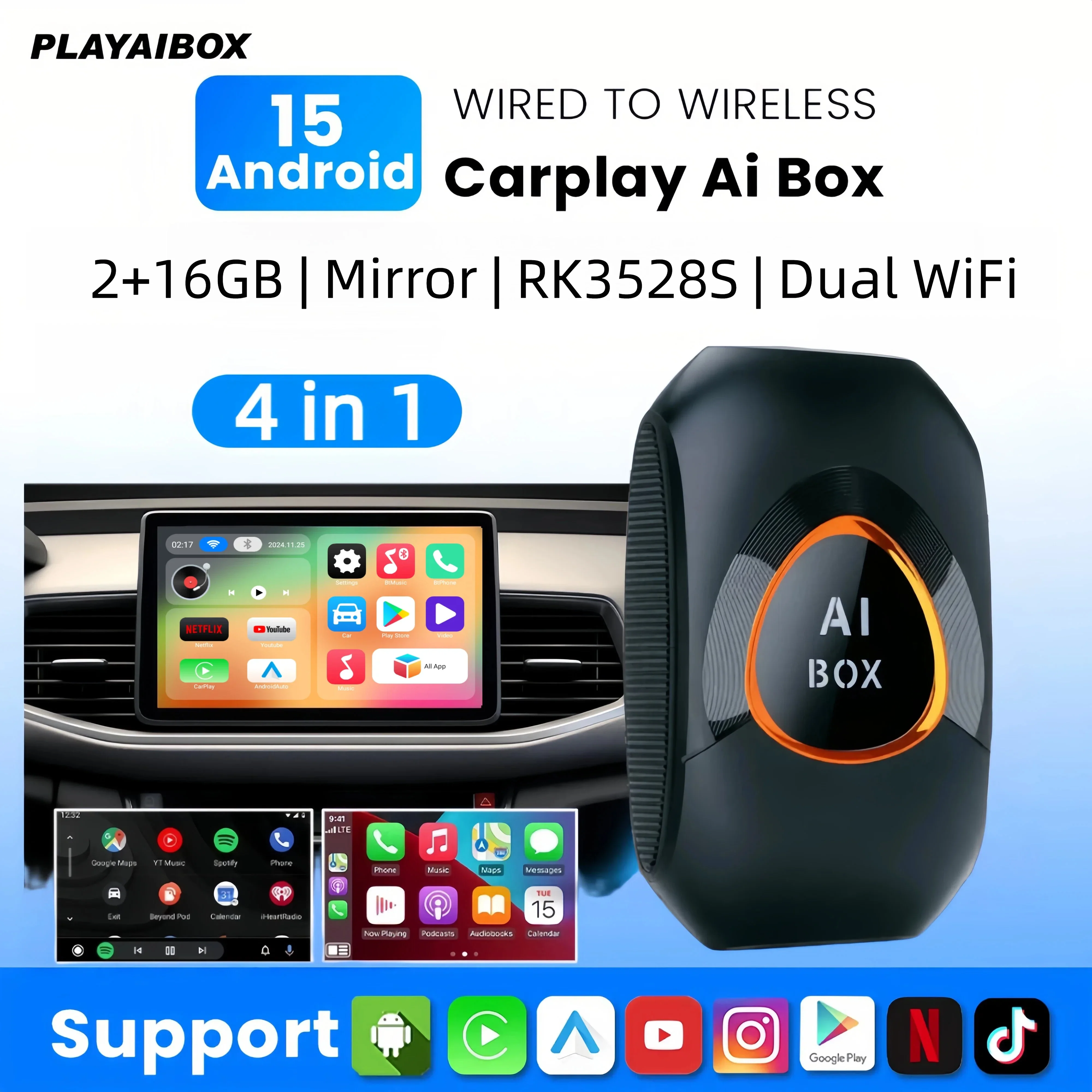 

Беспроводной адаптер Android Auto/CarPlay Smart AI Box для Android 15 с поддержкой YouTube и Netflix для Lexus, Ford, Toyota, VW, Benz, Kia, MG, Haval, Fiat