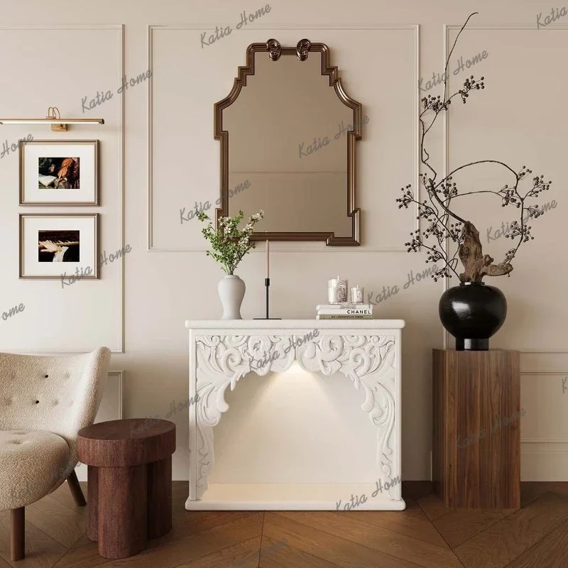 LD Carved Decorative Living Room Cabinets French Cream Ambient Lighting Fireplace Homestay Entrance Home Furniture
