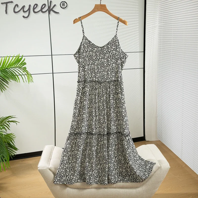 Tcyeek 100% Mulberry Silk Dresses for Women Party Dress Summer Clothes Sleeveless Elegant Women's Dresses 2024 Vestido Feminino