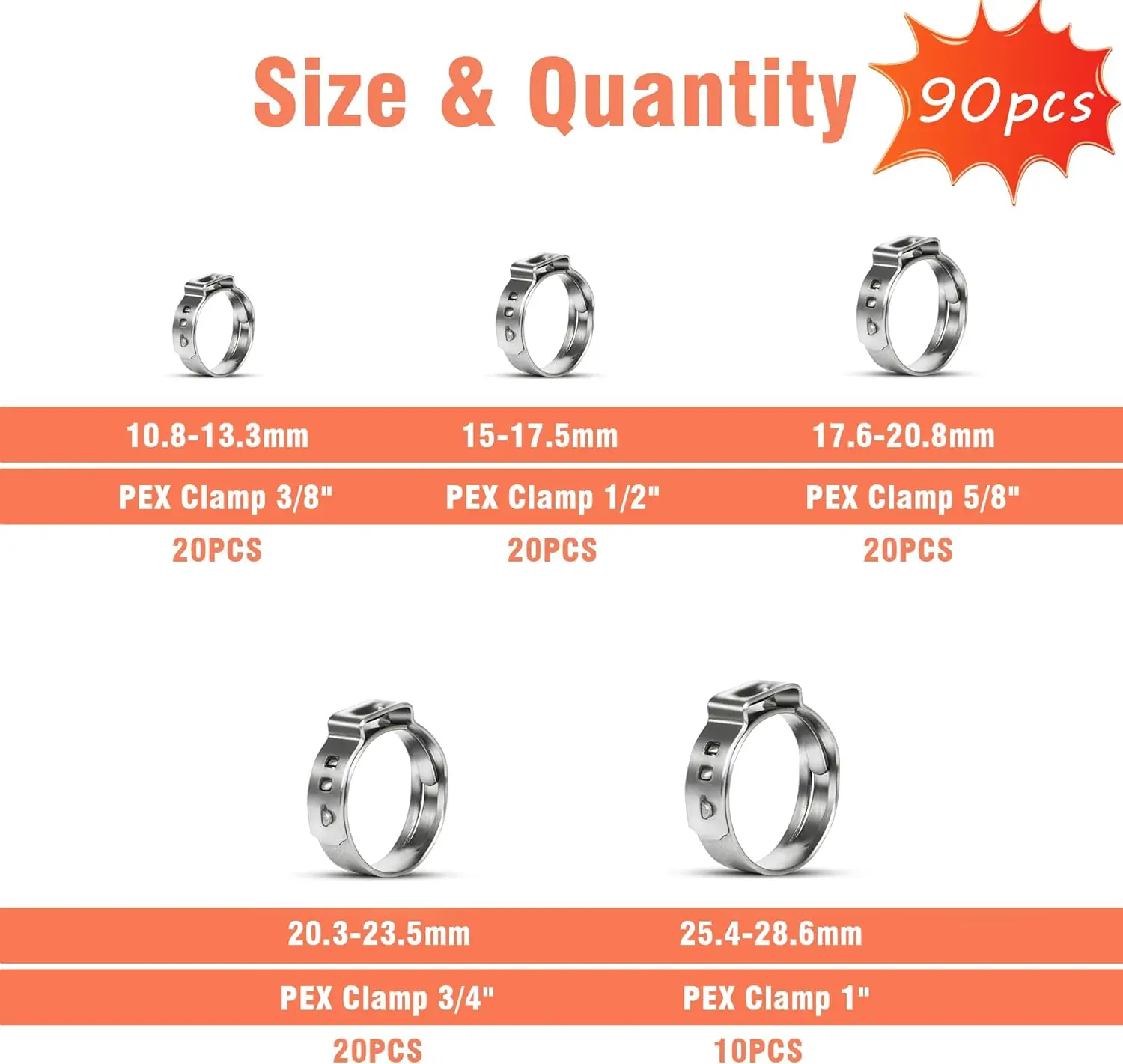 90PCS Pex Cinch Clamp Rings Assortment Kit Single Ear Hose Clamps 3/8-1 Inch 304 Stainless Steel Crimp Rings for PEX Tubing Pipe