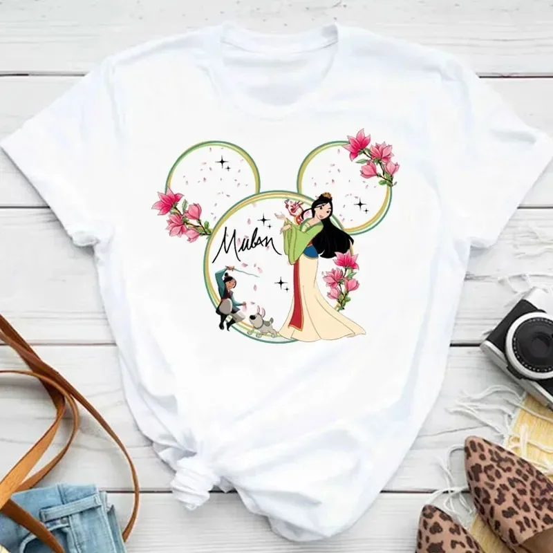 Mulan Princess Print All-match T-shirt Mickey Casual Fashion Short-sleeved T-shirt Girl Streetwear Short-sleeved Clothes Top