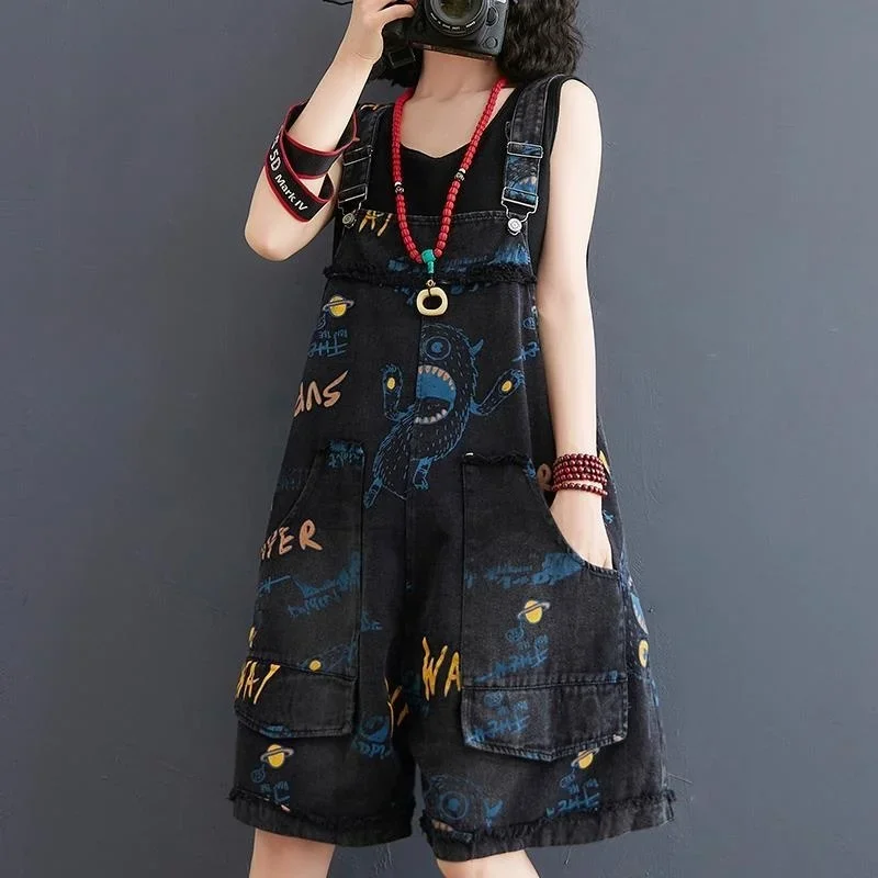 Women's Fashion Denim Strap Playsuits 2024 Summer New Plus Size Clothing Cover Belly Wide Leg Pants Jumpsuit Shorts Ladies Jeans