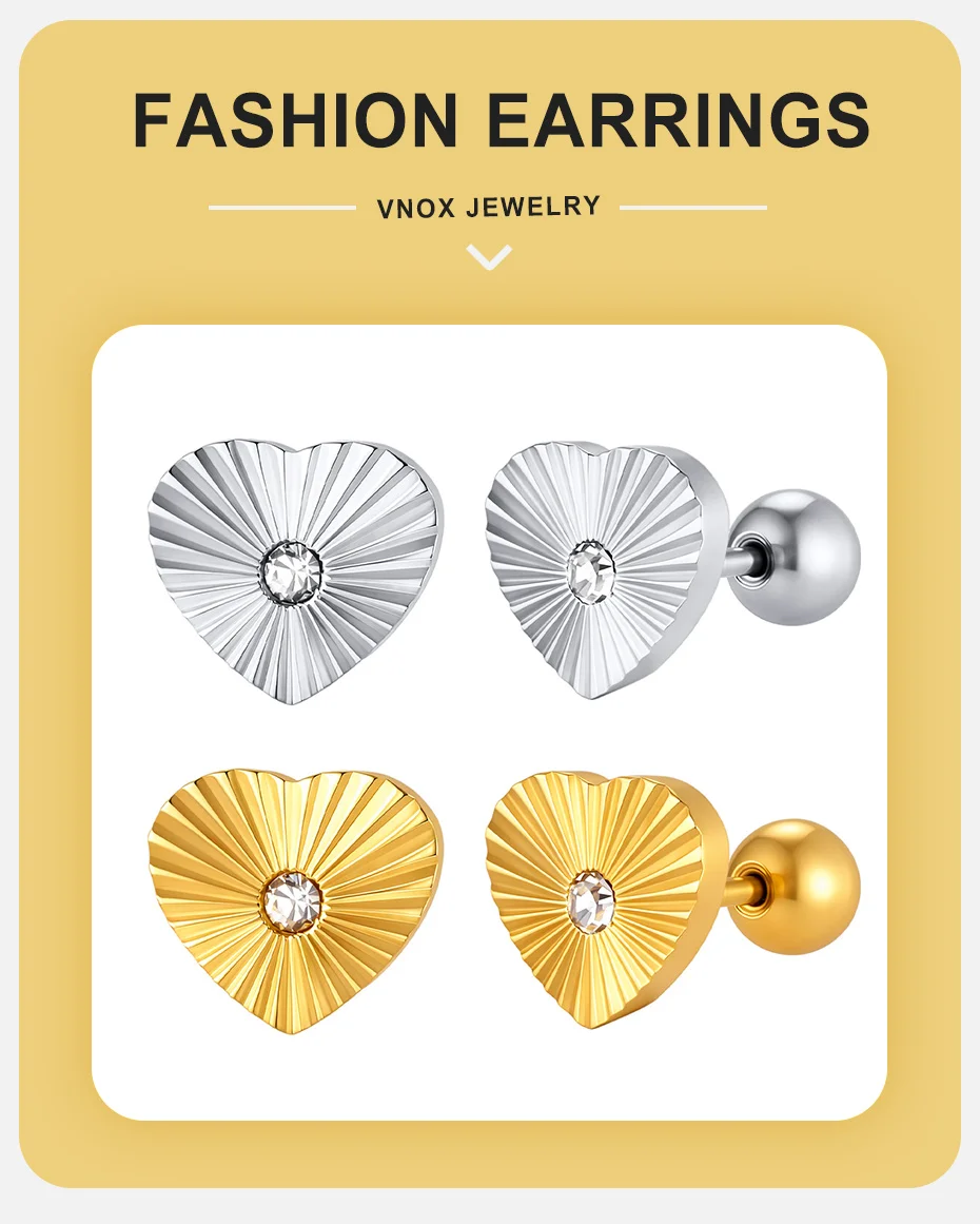 Vnox Minimalistische vergoldete Zirkon-Ohrringe für Damen, Edelstahl, süße, romantische Herz-Ohrstecker, niedlicher, zierlicher Schmuck – Detail 1