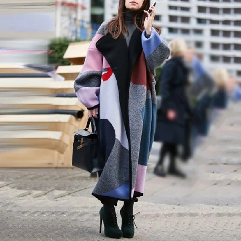 

Faionable Color Blo Digital Print Coat Women's Long T Top Asymmetrical Design Acetate Fabric Autumn Winter Outerwear