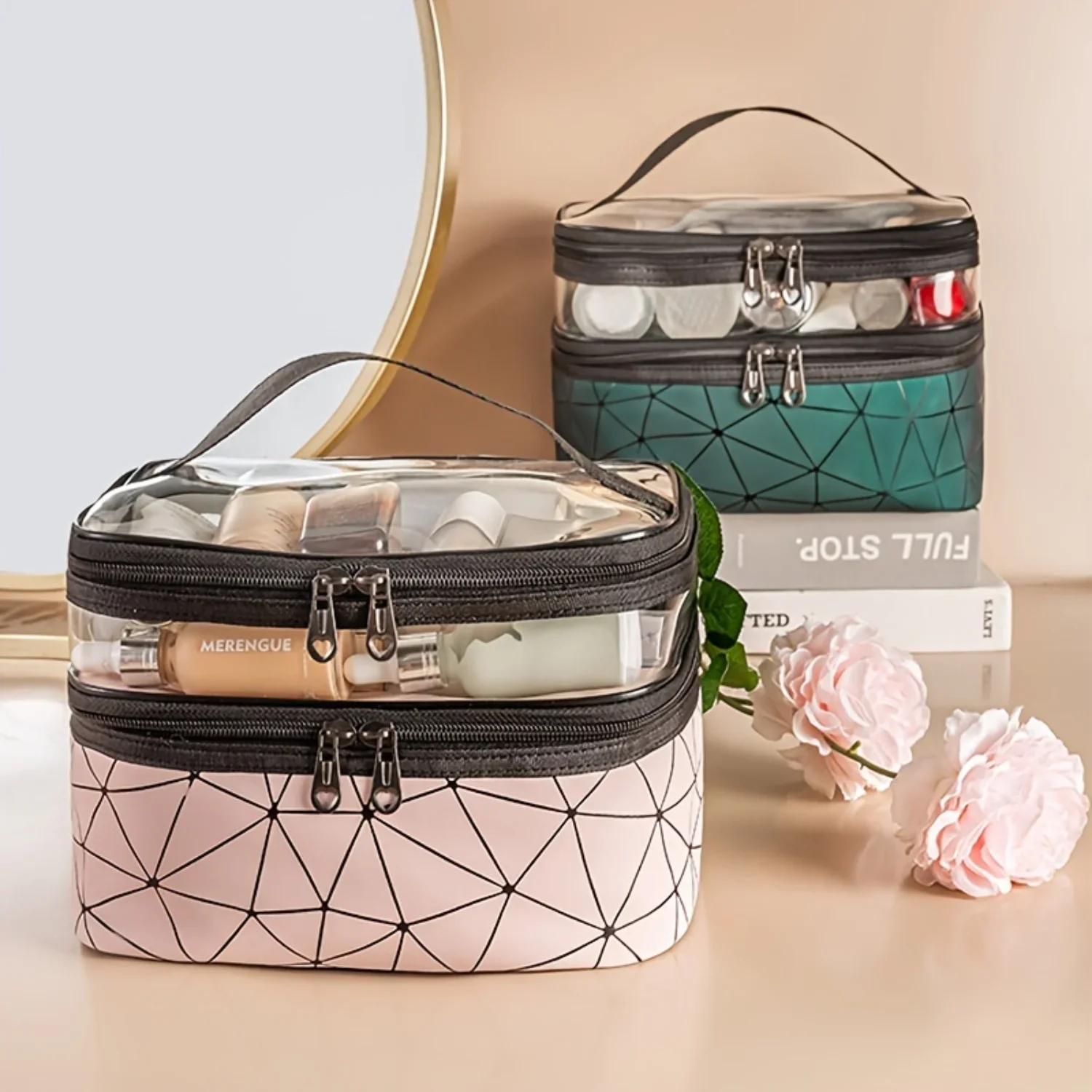 

Clear PVC Double Layer Makeup Bag Organizer - Portable Travel Cosmetic Tote Bag with Zippered Closure - Compact and Stylish Stor