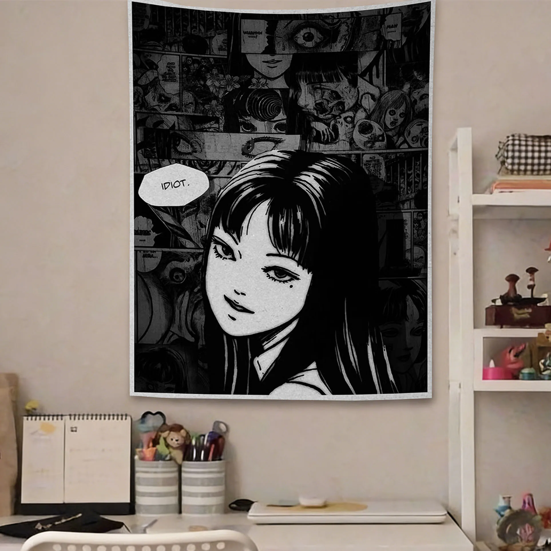 Anime Junji Ito Tomie Kawakami Black and White Poster Printed Tapestry Personalized Anime Room Wall Aesthetic Background Cloth