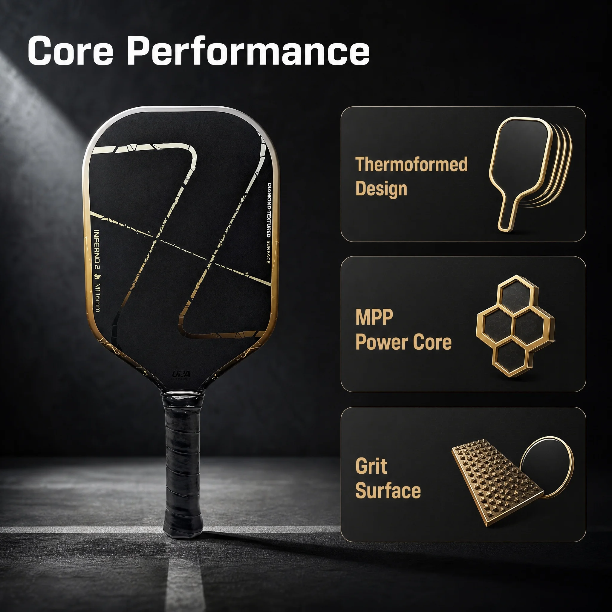luz Inferno 2 M1 Dawn  Pickleball Paddle 16mm MPP Inner Core, Diamond Grit Face, High Spin & High Bounce for Advanced Players