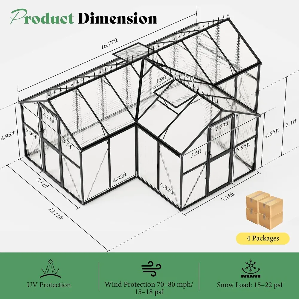 16.8 x 12 x 7-Ft T-Shaped Walk-in Greenhouse, Custom