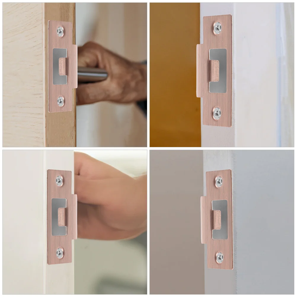 Placas guia de língua de bloqueio, 2 peças, acabamento de metal, placas de greve de porta, fivela em forma de t para instalação suave, porta de madeira