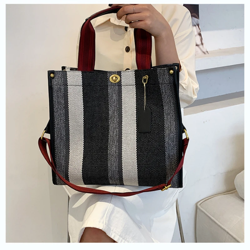 2023 Canvas Stripe Tote Bag Vintage Shoulder Crossbody Bags Large Capacity Versatile Women\'s Handbags Shopping Storage Handbag