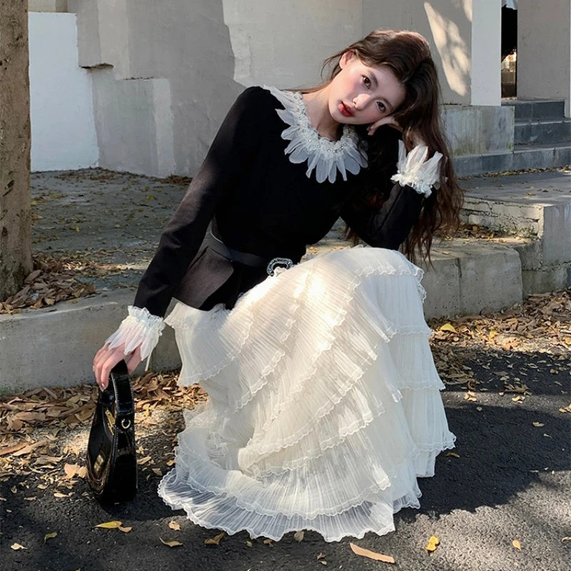 النمط الفرنسي ارتفاع الخصر مطوي تول تنورة المرأة تنوعا منتصف طول كعكة تنورة الطازجة الحلو نمط مريح مجموعة عادية #6