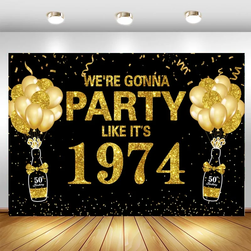 

Black Gold 50th Backdrop Vintage 1974 Men Woman 50 Years Old Birthday Party Photography Background Photocall Props Banner