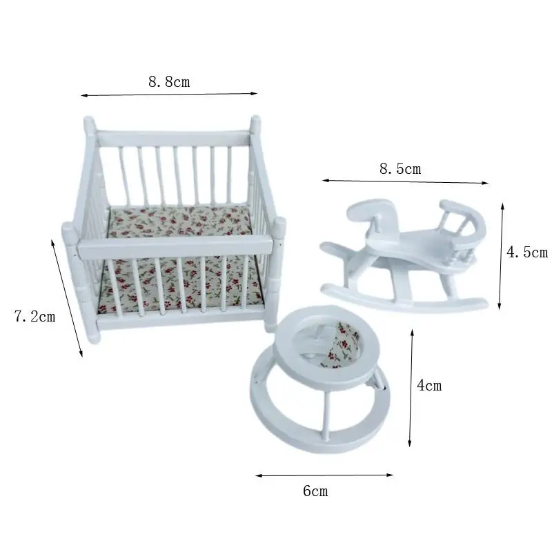1:12 Dollhouse Miniatures Playpen Children Bed Trojan Horse Baby Walker 3-piece Set Model Doll House Decor Pretend Play Toys DIY