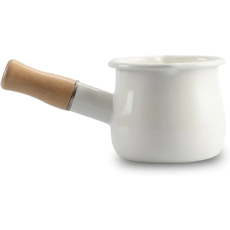 

0.6qt Mini Enamel Milk Pot Insulated Wooden Handle 2 Pour Spouts Small Food Warmer Cute Saucepan(D015,White)