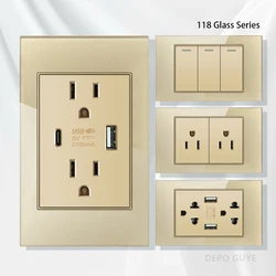 American Standard Dual Wall Usb Plug Socket,Household Mexico US Tempered Glass light Switch outlet Adapter Type-c Fast Charging