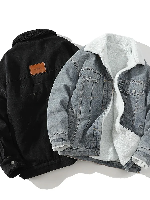 

Thiened American Letter Print Collar Denim Cotton Jaet Men Winter eepskin Velvet Workwear Outerwear Korean Sle Splicing