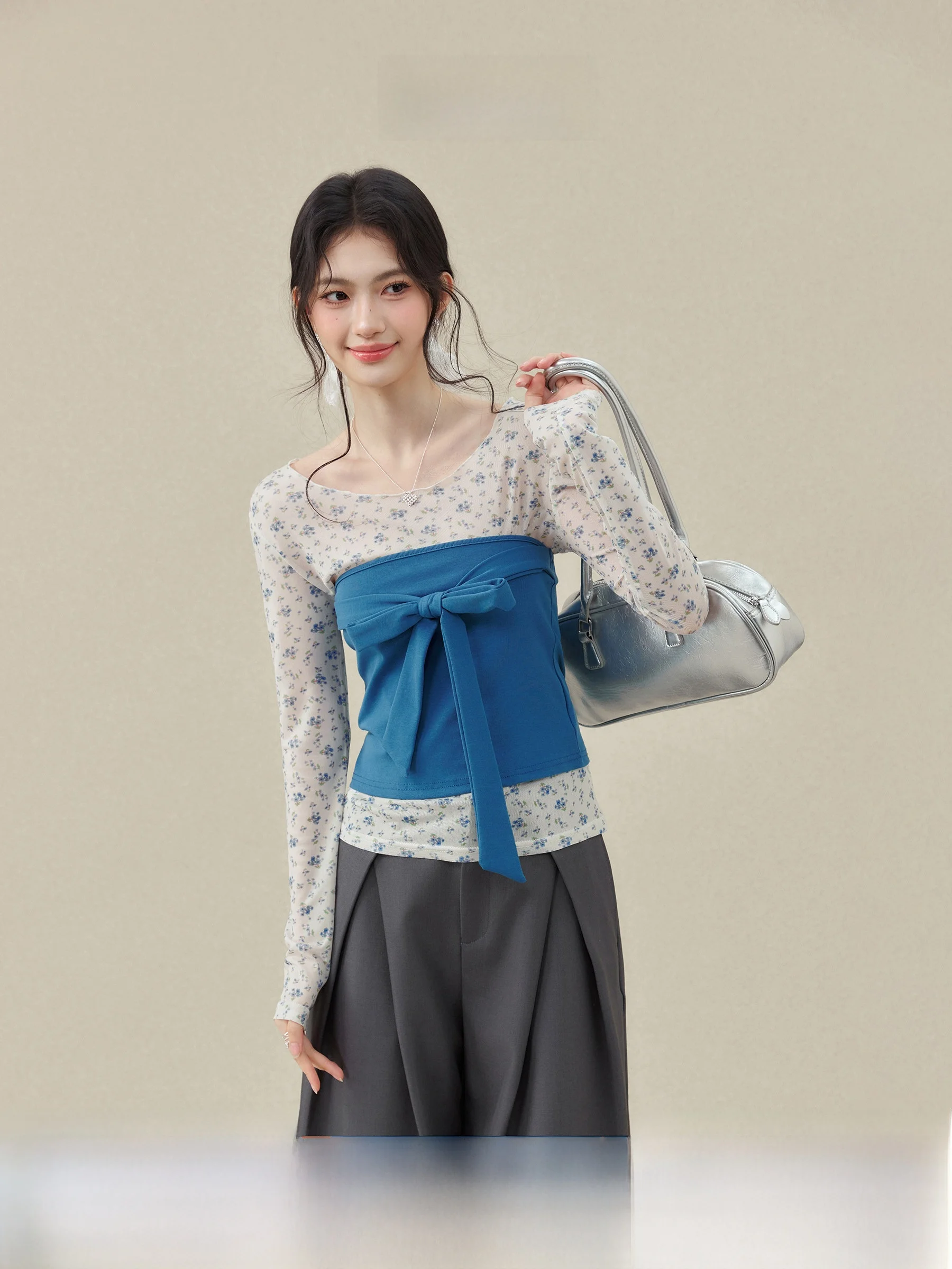 

Monet Flower Message Long Sleeve T-Shirt Blue Floral See-through Women's Fashion Spring 2026 New Style Beautiful Top