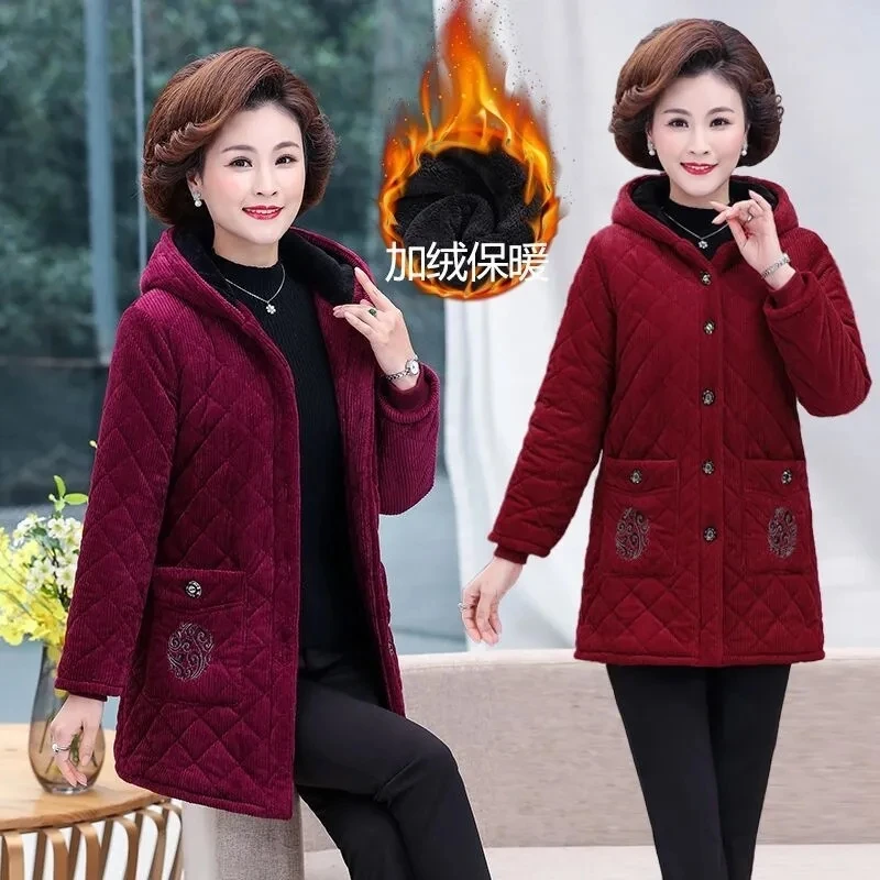 

Autumn Winter Women's Corduroy Cotton Jacket New Thicke Warm Cotton Padded Jacket Middle-Aged Female Coat Hooded Parkas XL-5XL