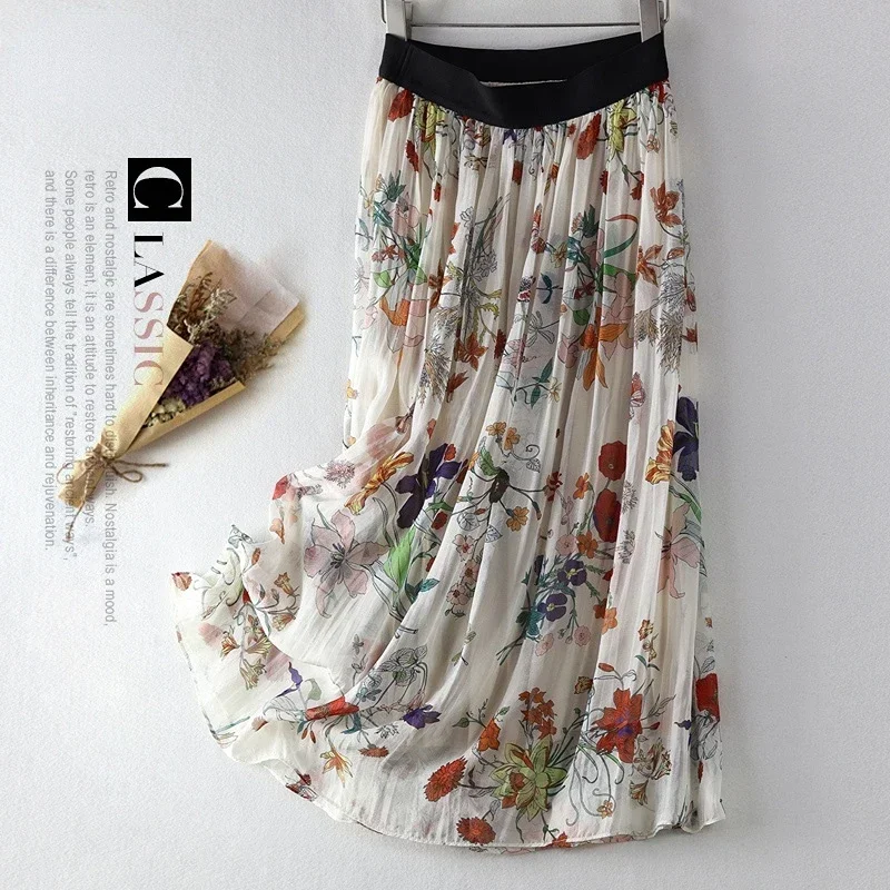 100% Real Mulberry Silk Skirt 2024 Spring Summer Printed Skirts For Women Clothing A-line Elegant Long Skirt Faldas Mujer Moda