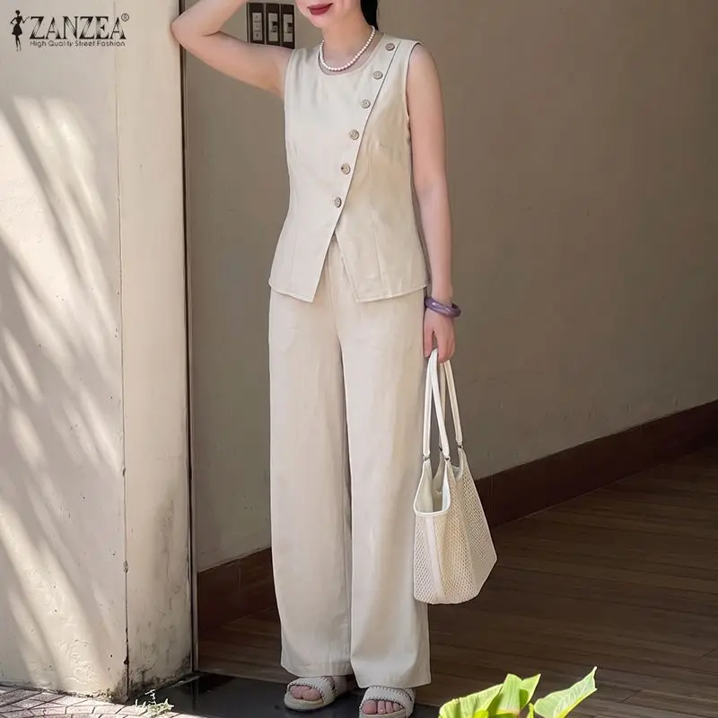 ZANZEA Women Irregular Buttons Up Blouse Trousers Suit Summer Elegant O Neck Sleeveles Tanks Tops Pants Sets Casual Solid Outfit