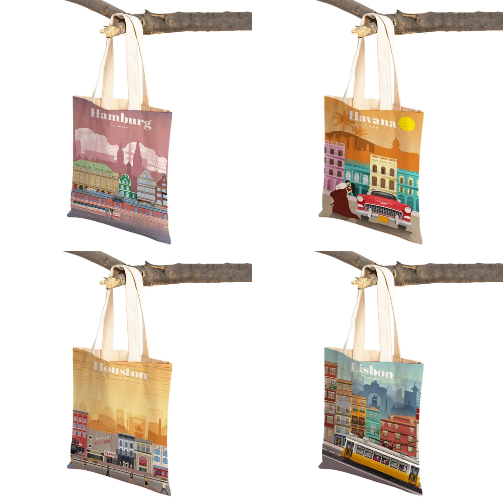 Fashion City Map London New York Paris Spain Shopper Bags Tote Lady Handbag Both Sides Casual Canvas Women Shopping Bag