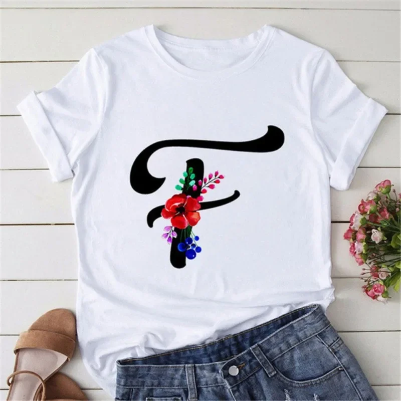 Women's Short Sleeve T Shirt Cartoon Creative Letter Print Flower Pattern A Hair Graphic T Shirts  Oversized Goth Kawaii Clothes