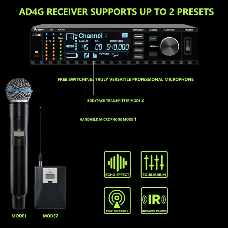 PASIEN-AD4G ksm11 Wireless Microphone System, High Quality Equipment, UHF, Professional, For Stage Performances, Long Distance