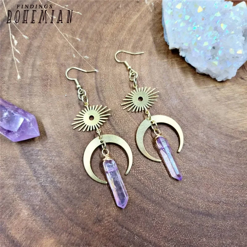 Gothic Moon and Rainbow Quartz Crystal Pendant Earrings