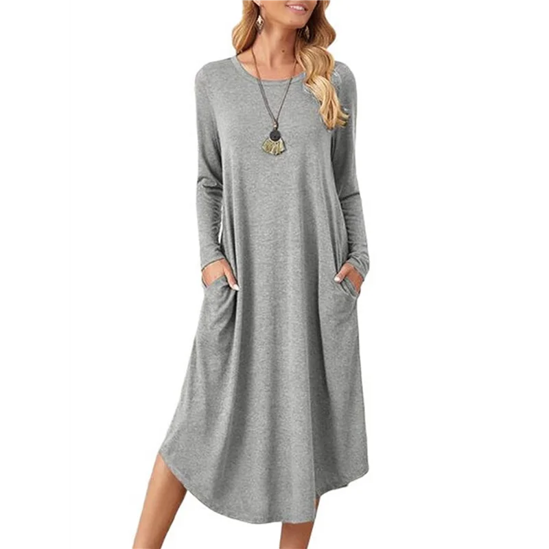 

X18A-Женская длинная пижама с длинными рукавами и круглым вырезом с карманами