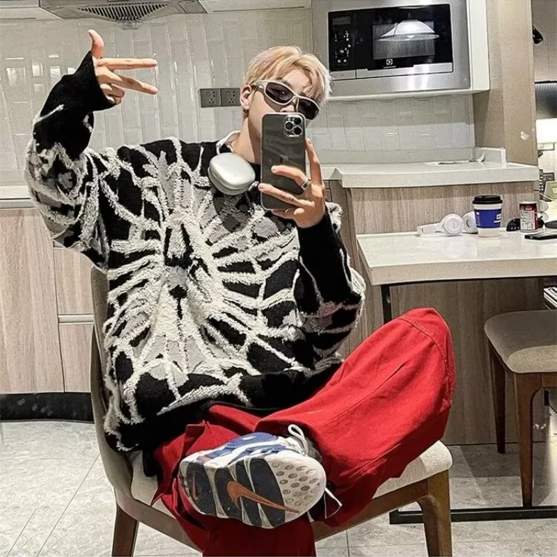 Unsiex Knitting Sweater 2026 New Men Short Sleeve Sweater American Street Spider Jacquard Knit Loose Knitwear Pullover