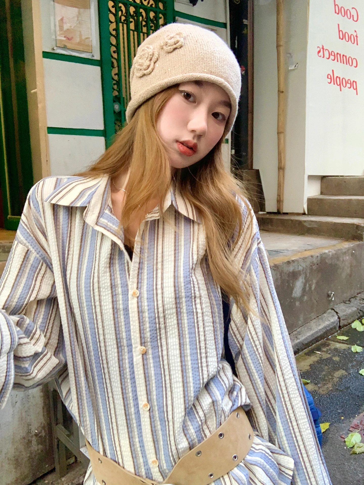 

Blue Striped Bubble Shirt Women's Loose Fit Korean Style Cheese Bunny Casual Top Button up Cotton Rayon Blend Workwear