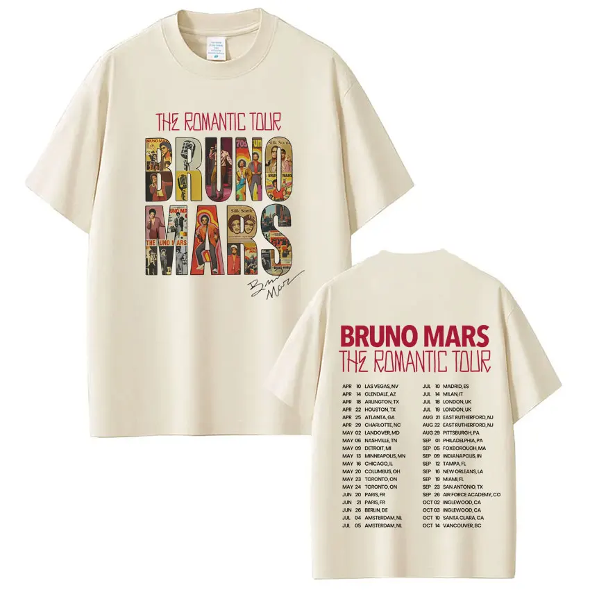 Camiseta con estampado del tour The Romantic 2026 del rapero Bruno Mars, camiseta de moda para hombre y mujer, camisetas informales de manga corta estilo gótico Punk
