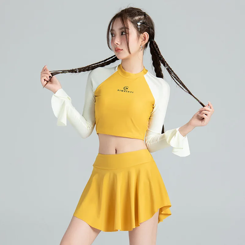 

Women's Conservative Swimsuit 2-Piece Korea Beach Wear Bathing Suit Set Yellow Long Sleeve Split Bikini with Skirts Tankini Sets