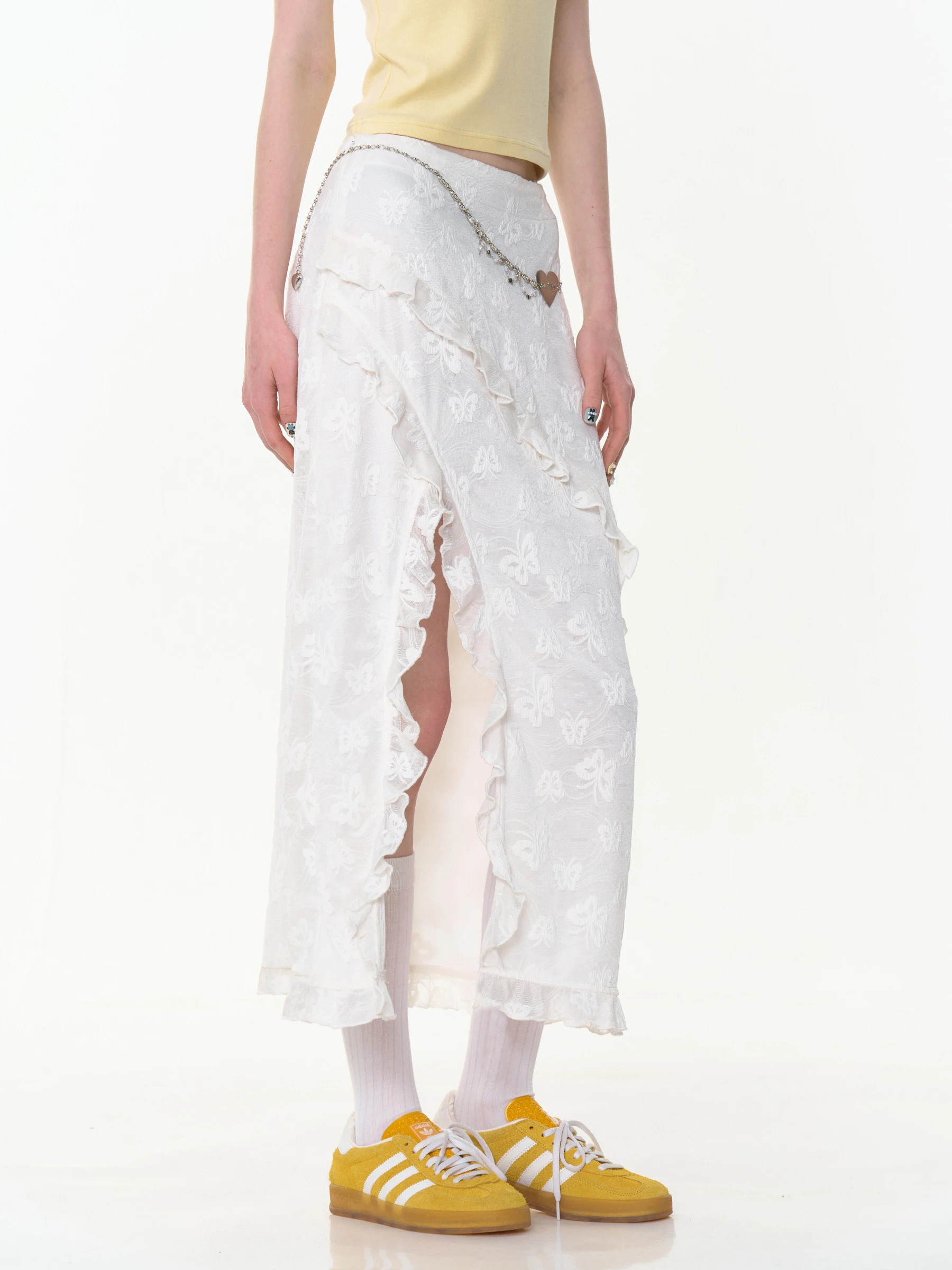 

High Waist Lace Slit f Body Skirt Women's White Gauze American Sle Design Sensation Summer Faion A-Line Long Skirt
