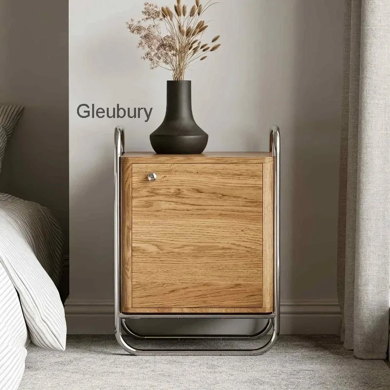 Mid-Century Modern Industrial Style Nightstand with Solid Wood Door, Chrome Metal Frame, 1 Door Bedside Table for Bedroom