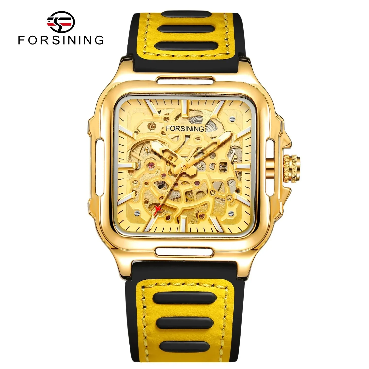 

Forsining Brand Gold Black Square Skeleton Automatic For Men Luminous Hands Luxury Sports Mechanical Rubber Leather Band Watches