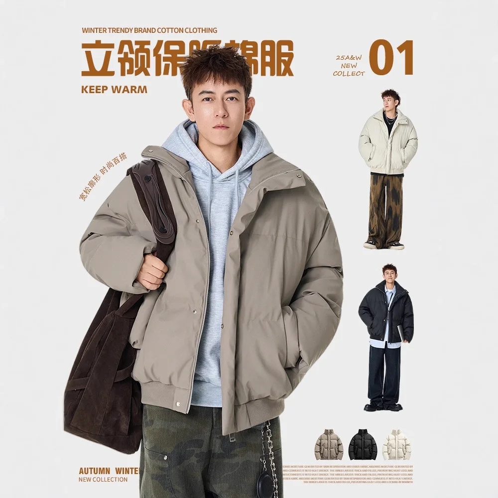 

Autumn and winter American thickened jacket men's stand-up collar warm high street handsome leather cotton coat