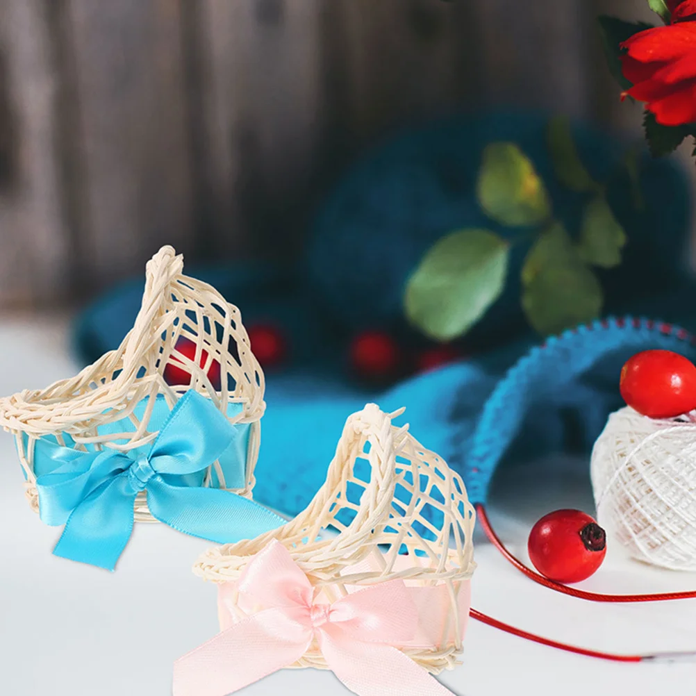 

2pcs Rattan Woven Storage Elegant Small Flower Basket With Bowknot Desktop Mini Basket For Wedding Floral Gift Packing Portable