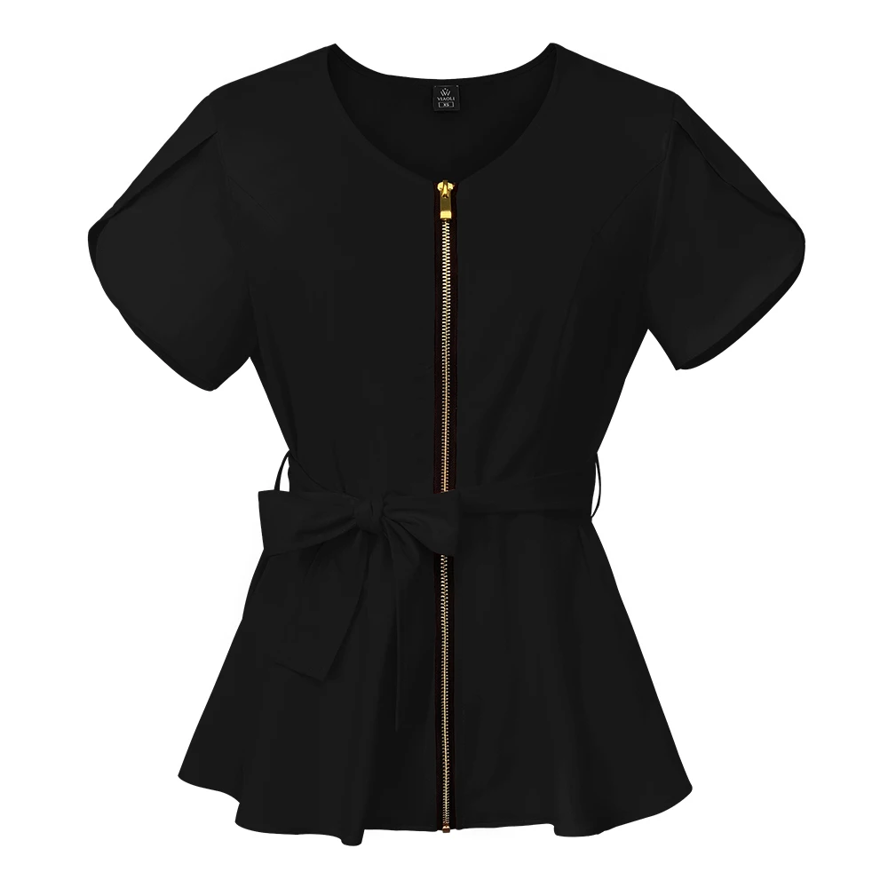 Ropa de trabajo de salón de belleza de manga corta para mujer, blusa de enfermería Sexy, Tops exfoliantes con cremallera, camiseta de uniforme de enfermería, 2 bolsillos