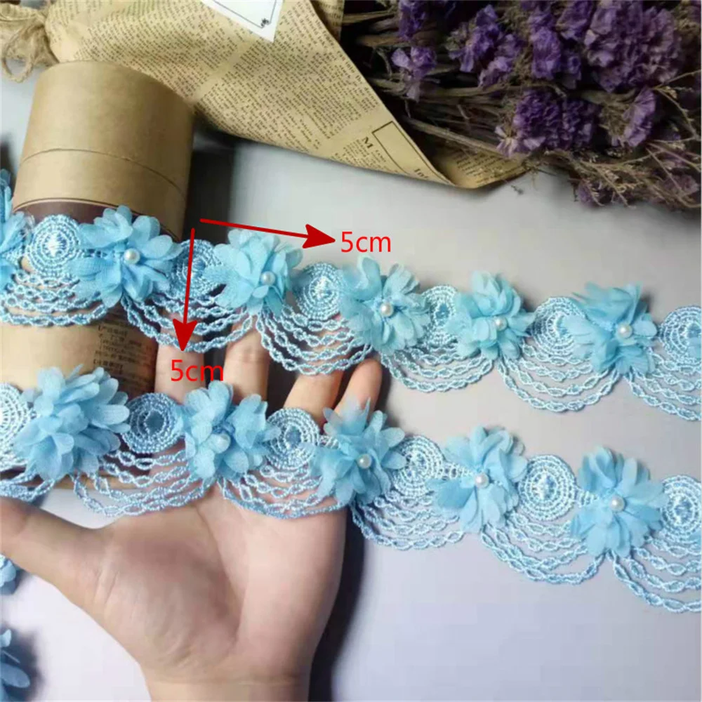 2 Yard Blue Pearl Tassel Chiffon Flower Embroidered Lace Trim Fabric Lace Ribbon Handmade Sewing Craft For Costume Decoration