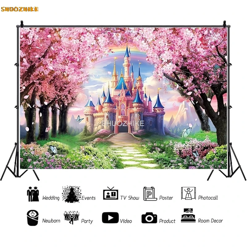 SHUOZHIKE Happy Birthday Photography Backdrops Castle Fairy Tale Pink Rose Gender Reveal Theme Studio Background Props VV-118