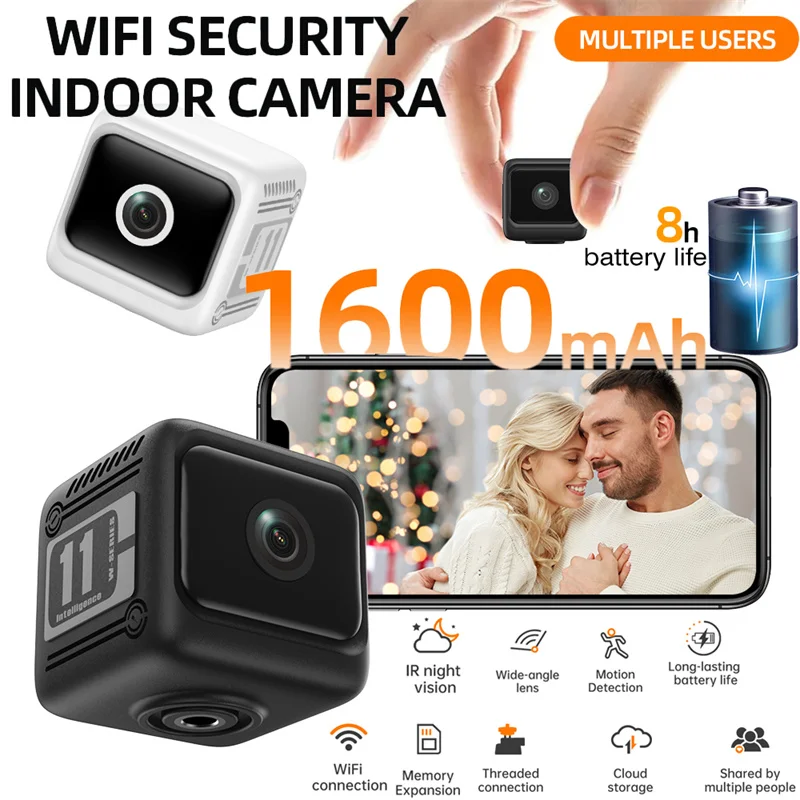 

Мини-камера 1080P HD WIFI с управлением, широкоугольная видеокамера ночного видения, сигнализация, домашняя камера наблюдения, 1600 мАч, обнаружение движения