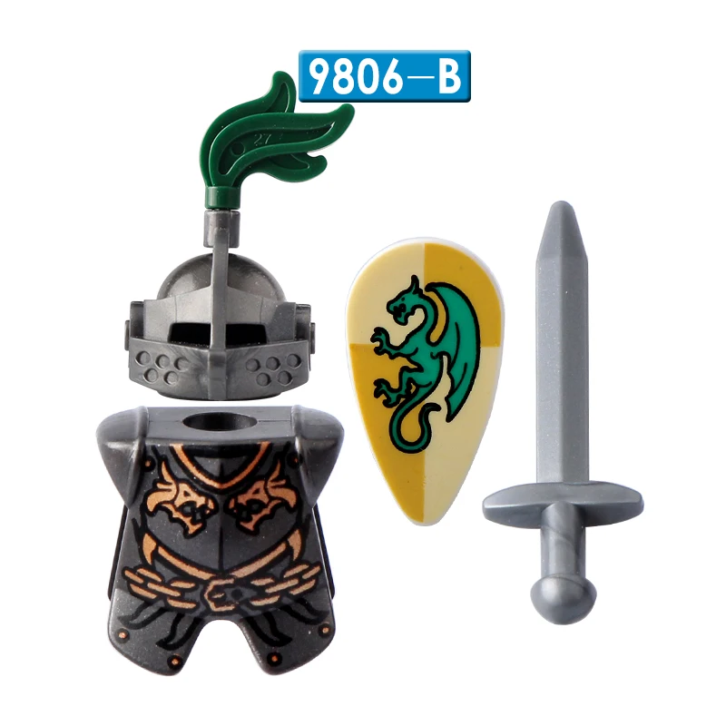 Cavaliere medievale drago nero cavaliere accessori scudo lancia armatura blocchi di costruzione mattoni Mini Action Figure giocattolo per bambini AX9806