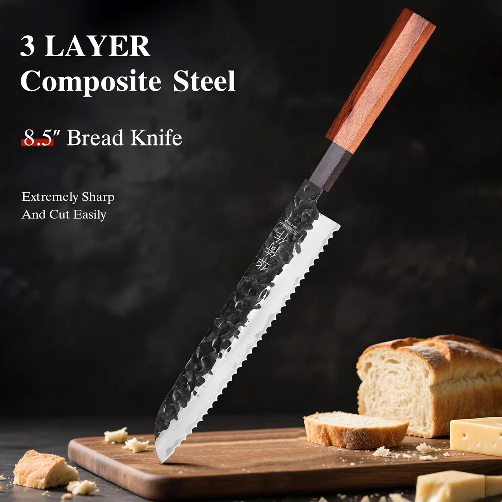 

8.5" Bread Knife High Quality Composite Steel Handmade Professional Chef Knife Kitchen Forged Cut Toast Slicer Serrated Knives