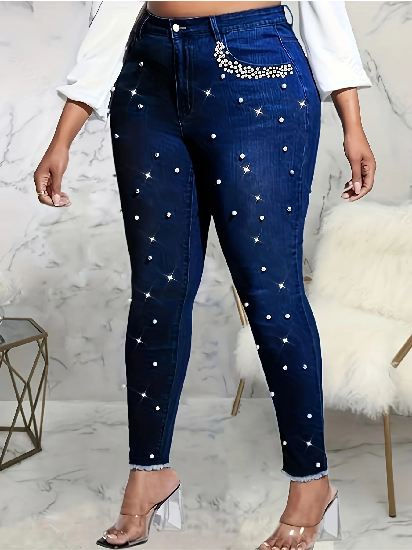

Mid-waist fashionable sequin and diamond embroidered with deep blue denim pencil pants, ladies' skinny jeans, suitable for all s