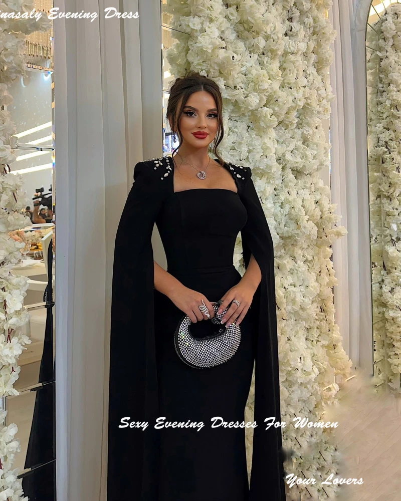 Robes de bal personnalisées en crêpe noire pour femmes, luxueuses robes formelles en cristal, robes de Cocktail avec châle