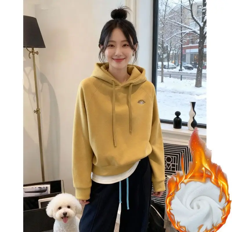 Sudadera con Capucha para Mujer, Otoño Invierno, Nueva, Forro Polar, Cálida, Bordada, Manga Larga, Talla Pequeña
